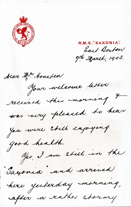 J. W. Bailey Correspondence, RMS Saxonia, 7 March 1907, Page 1 of 3.