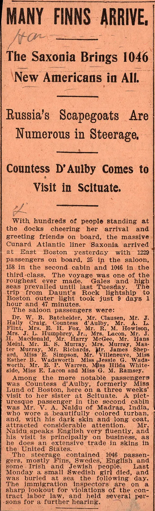 Reporting of Passengers on RMS Saxonia, 8 March 1903.