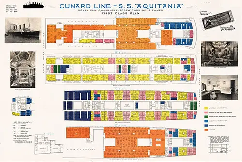 First Class Deck Plan, Royal Mail Quadruple-Screw Turbine Steamer SS Aquitania of the Cunard Line, 1926.
