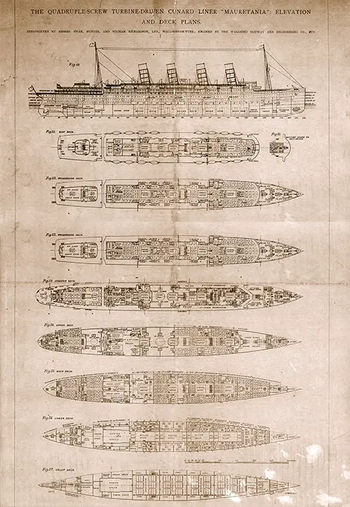 The Quadruple-Screw Turbine-Driven Cunard Liner RMS Mauretania Elevation and Deck Plans.