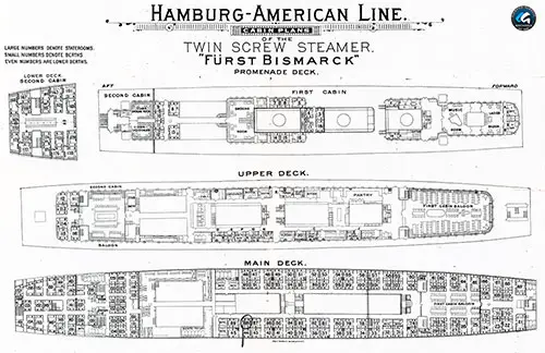 Hamburg America Line Cabin Plans of the Twin Screw Steamer SS Fürst Bismarck.