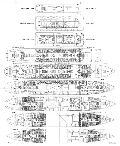 Deck Plan, Italian Line ("Italia" Società di Navigazione, Genova) M.V. Vulcania Plan of Passenger Accommodation, 15 April 1953.