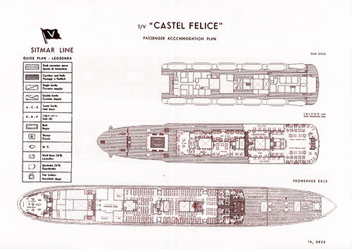 Sun Deck, Middle: Saloon and Upper Promenade Deck, Bottom: Promenade Deck.