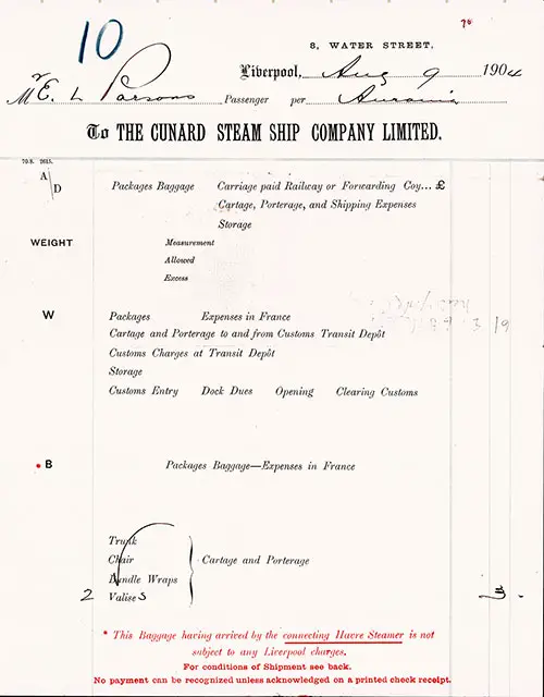 Baggage Contract for 2 Valises in Liverpool on 9 August 1904.