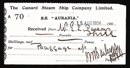 Receipt for Three Shillings in Payment for Baggage from W. E. L. Parsons, a Passenger on the SS Aurania Dated 15 August 1904.