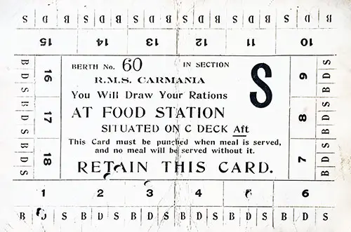 World War I Era Meal Ticket for a Soldier on the RMS Carmania ca 1918.