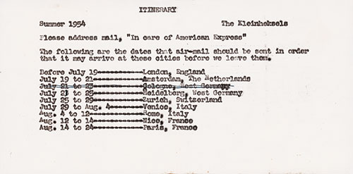 Summer 1954 Itinerary for The Kleinheksels, Passengers on the SS Sibajak, 31 August 1954.