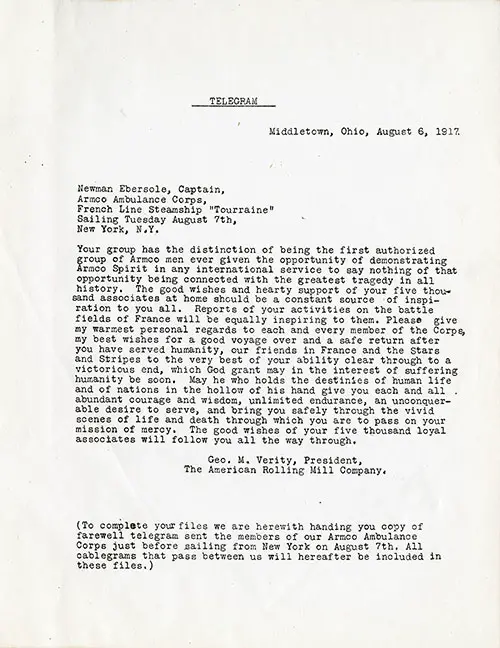 Telegram from George M. Verity to Captain Newman Ebersole, La Tourraine, 6 August 1917.