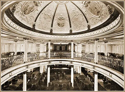 RMS Lusitania First Class Dining Saloon with View of Shelter Deck.