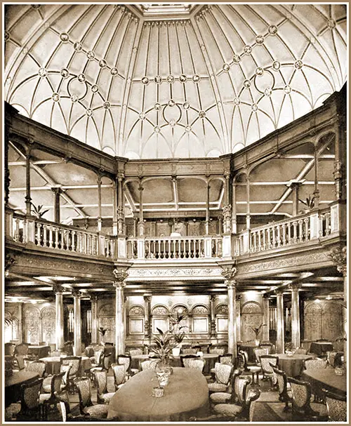 Plate LXXIII Fig. 65:- First Class Dining Saloons, Upper and Lower Levels Showing Dome on the RMS Mauretania.