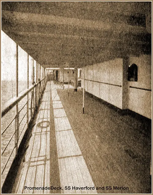 View of the Promenade Deck on the American Line SS Haverford and SS Merion. Facts for Travelers, 1908, p. 20.