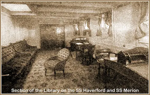 Section of the Library on the SS Haverford and SS Merion. Facts for Travelers, 1908, p. 21.