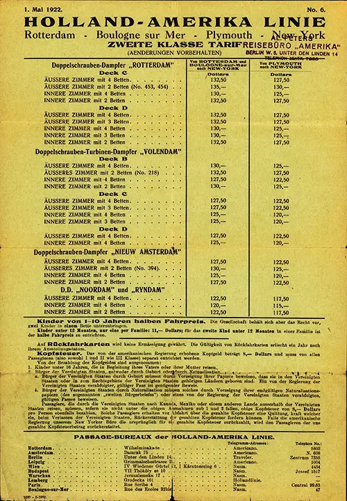 Holland-America Line Schedule of Second Class Fares issued 1 May 1922 for the Rotterdam, Volendam, Nieuw Amsterdam, and Ryndam.
