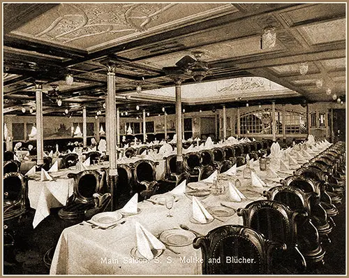 Main Dining Saloon on the SS Moltke and SS Blücher of the Hamburg-American Line.