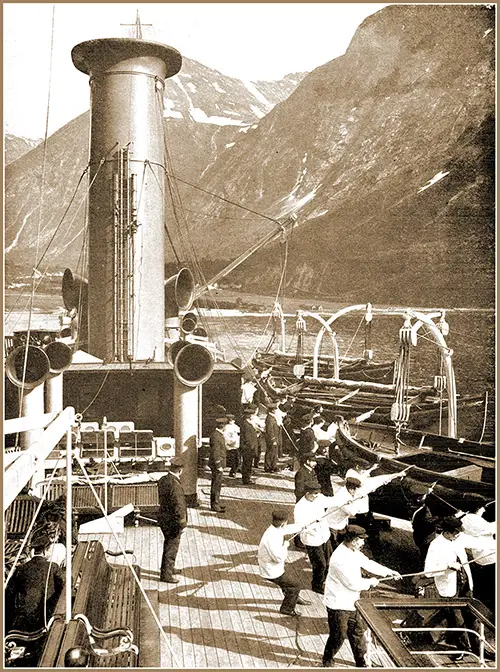 Lifeboat Maneuvers on the Boat Deck of the SS Meteor.