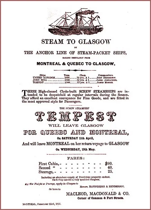 Small Handbill "Steam to Glasgow" by The Anchor Line of Steam-Packet Ships Sailing Regularly from Montreal & Quebec to Glasgow, 23 February 1857.
