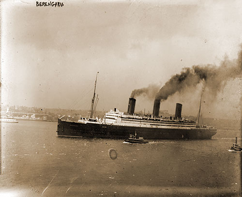 RMS Berengaria of the Cunard Line Close to Port, Tug Boats in View. nd Circa 1921.