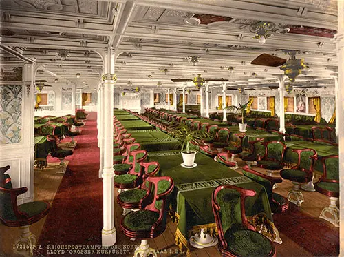 First Class Dining Saloon on the SS Grosser Kurfürst of the Norddeutscher Lloyd Bremen, ca 1900.