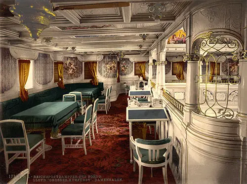 First Class Ladies' Lounge on the SS Grosser Kurfürst of the Norddeutscher Lloyd Bremen, ca 1900.