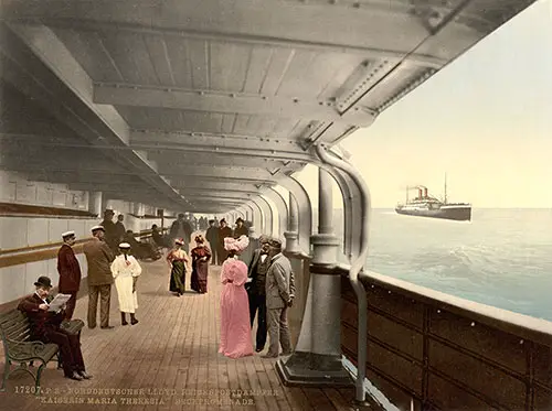 First Class Promenade Deck of the Kaiserin Maria Theresia of the Norddeutscher Lloyd Bremen, ca 1900.