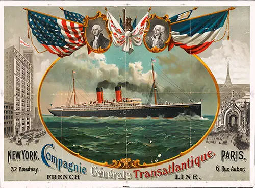 Chromolithograph shows the ocean liner La Lorraine, built in 1899 to sail across the Atlantic Ocean from Havre to New York.