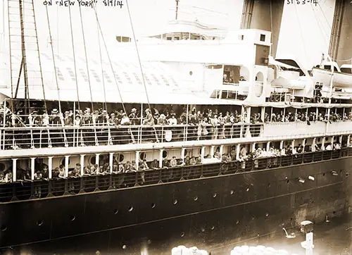 Passengers Near the Railings of All Decks as the SS New York Approaches the Pier at New York, 14 August 1914.