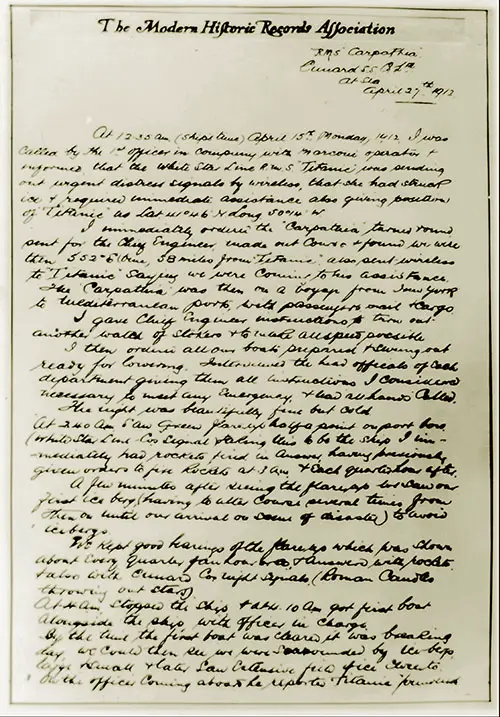 Hand-Written Account by Captain A. H. Rostron of the R.M.S. Carpathia Describing His Response to the Distress Signal of the Titanic on 15 April 1912. 