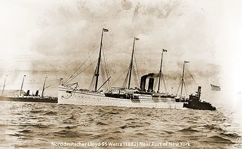 The SS Werra (1882) of the Norddeutscher Lloyd Closing In to Their Pier at Hoboken, NJ, Near the Port of New York.