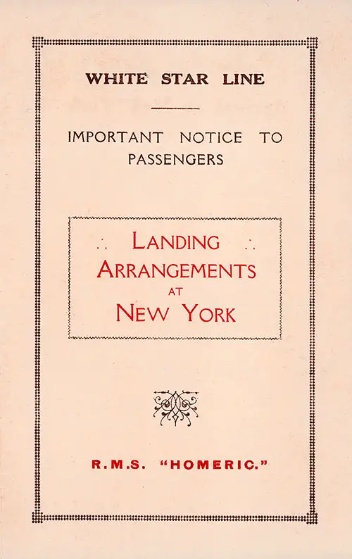 Front Cover, Landing Arrangements for New York on the RMS Homeric of the White Star Line, 1924.