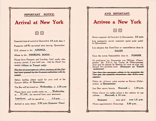 Landing Instuctions in English and French for the RMS Homeric, 1924.