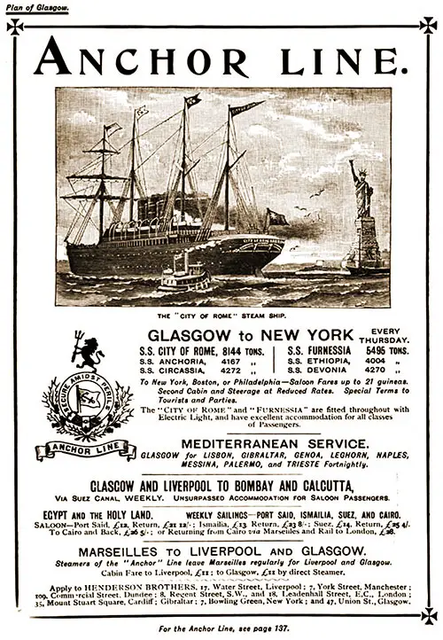 Advertisement: Anchor Line Services Glasgow to New York, Mediterranean, India, and Other Routes, 1894.