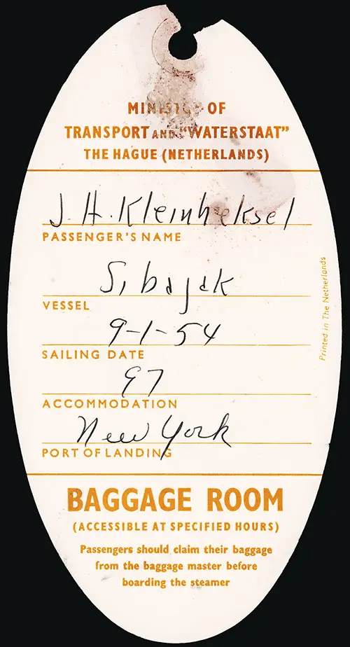 Baggage Room Luggage Tag for J. H. Kleinheksel in Cabin 97 of the Westbound Voyage of the SS Sibajak, 1 September 1954.