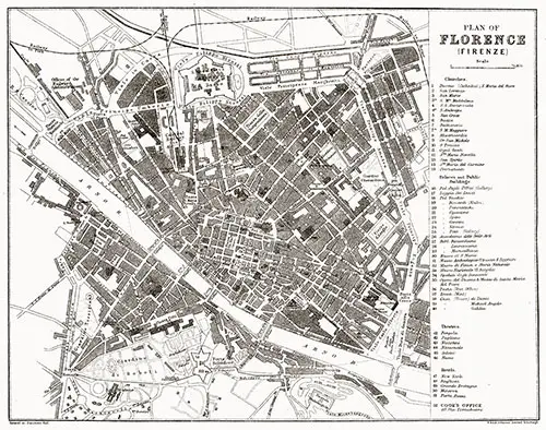 Plan of Florence (Firenze), Italy. Cunard Line Handbook, 1905.