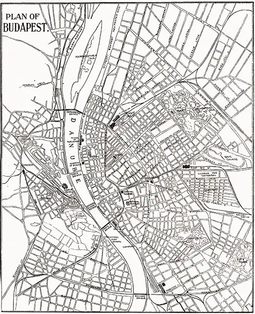 Plan of Budapest, Hungary. Cunard Line Handbook, 1905.