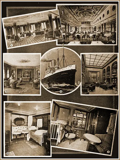 S. S. Albert Ballin: (1) Social Hall, (2) Dining Room, (3) Ladies' Lounge, (4) The Vessel in Service, (5) Smoking (6) and (7) First Class Staterooms.