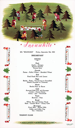 "Snowwhite" Themed Vintage Tourist Class Breakfast Menu Card from Friday, 9 September 1955, on board the SS Maasdam.