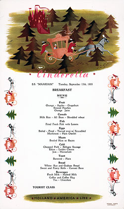 Vintage Tourist Class Breakfast Menu Card from Tuesday, 13 September 1955, on board the SS Maasdam of the Holland-America Line.