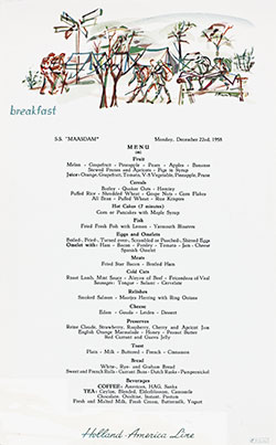 Front Cover, Vintage Breakfast Menu Card from 22 December 1958 on board the SS Maasdam of the Holland-America Line.