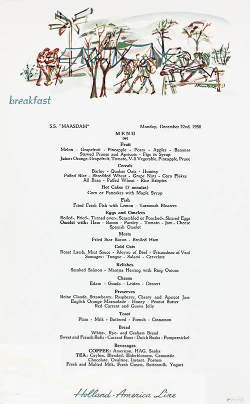 Front Cover, Vintage Breakfast Menu Card from 22 December 1958 on board the SS Maasdam of the Holland-America Line.