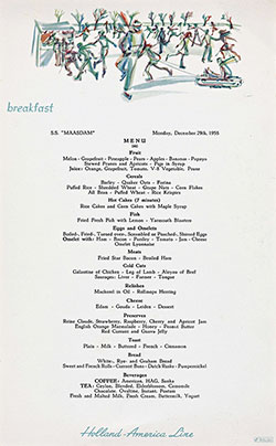 Front Cover, Vintage Breakfast Menu Card from Monday, 29 December 1958 on board the SS Maasdam of the Holland-America Line