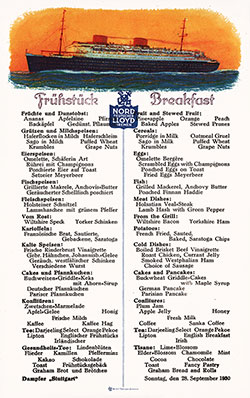 Breakfast Menu Card From Sunday, 28 September 1930, for the SS Stattgart of the North German Lloyd (Norddeutscher Lloyd Bremen).