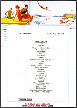 Tourist Class Breakfast Menu Card from Monday, 9 August 1948 on board the SS Veendam of the Holland-America Line.