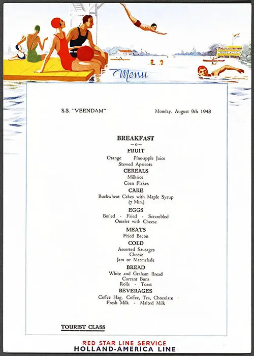 Tourist Class Breakfast Menu Card from Monday, 9 August 1948 on board the SS Veendam of the Holland-America Line.