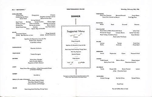 Menu Selections, Dinner Menu on the MV Britannic of the Cunard Line, Saturday, 18 February 1956.