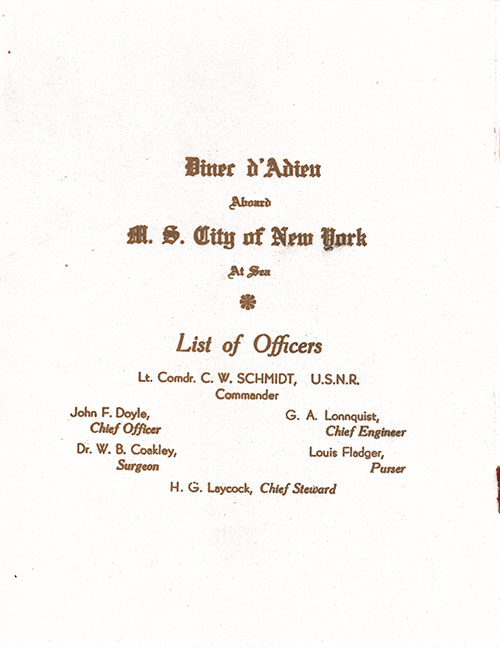 Title Page, City of New York Farewell Dinner Menu, 1 September 1937.