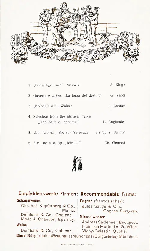Concert Program and Beverage Recommendations, Dinner Menu for Monday, 14 March 1910 on the SS Kaiser Wilhelm der Grosse of the Norddeutscher Lloyd.