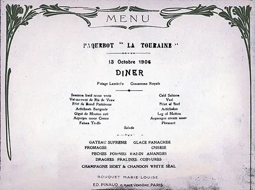 Menu Selections, Dinner Menu, on the SS La Touraine of the CGT French Line, 13 October 1906.