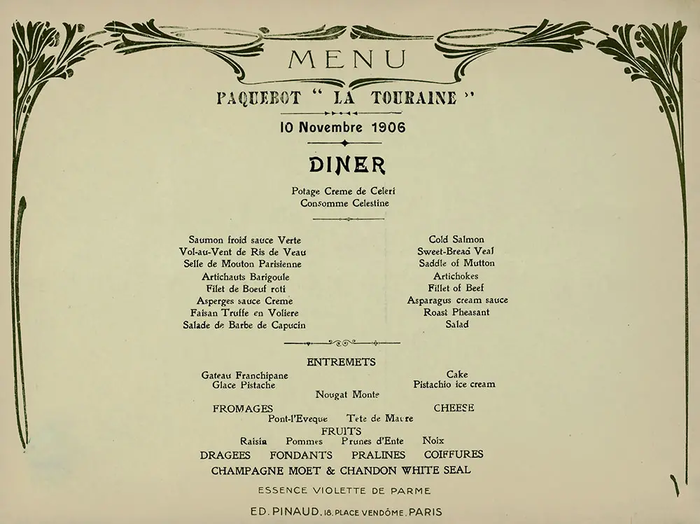 Dinner Menu Items, 10 November 1906, SS La Touraine.