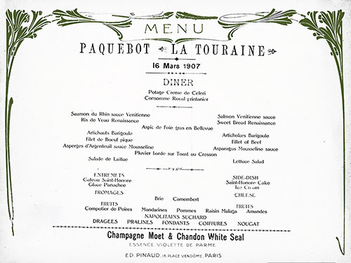 Dinner Menu Selections on the SS La Touraine of the CGT French Line, 16 March 1907.