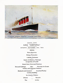 Front Cover of a Vintage Dinner Menu Card from Saturday, 13 September 1913, on board the RMS Lusitania of the Cunard Line.